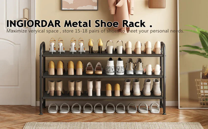 Shoe Rack 3 Tier Long Storage Organizer Wide Metal Shoe Shelf for Closet Entryway Black